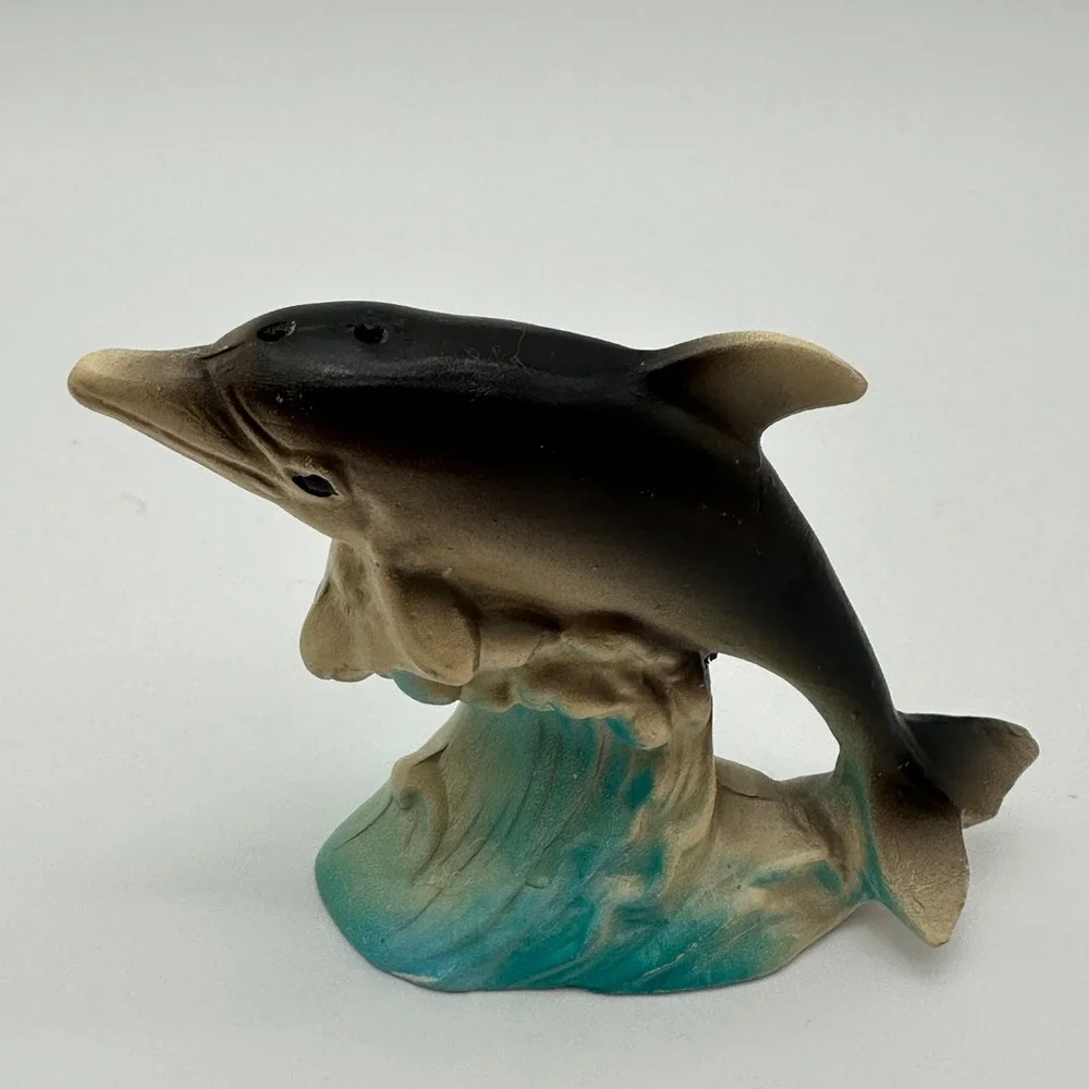 Vintage Dolphin Salt and Pepper Shakers Set Grey Blue Ocean Waves Decor